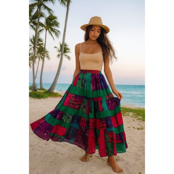 BFA Cassics Size M Patchwork Retro Maxi Skirt With Elastic Waistband - Picture 2 of 7